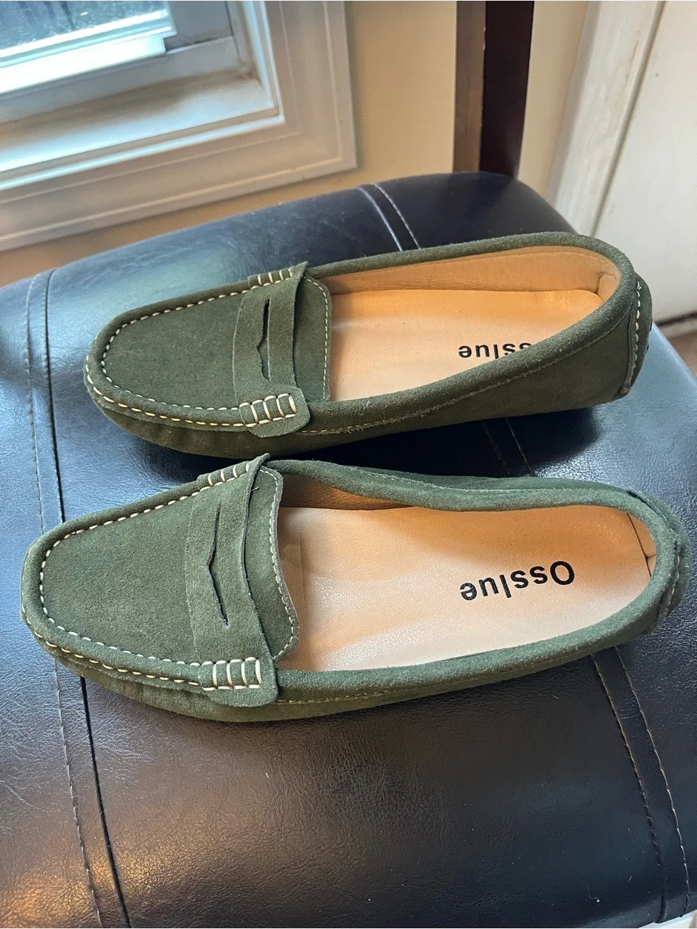 Green Suede Penny Loafers — Women's Casual Flats